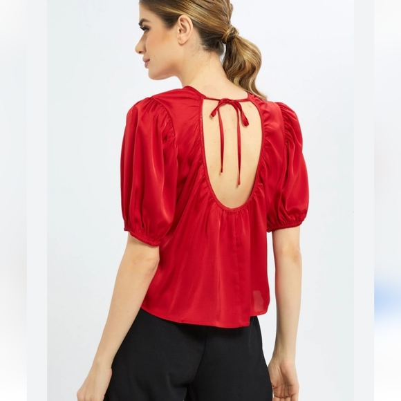 NWT EXPRESS Red Satin Puff Sleeve Blouse Size XL - Picture 1 of 8